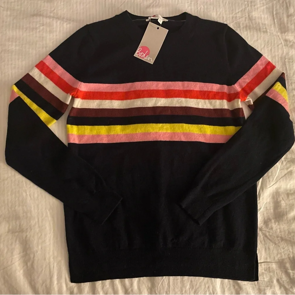 M: BODEN Pure Cashmere Crew Neck Sweater Navy Striped Retro Apres Skii NWT! - Picture 3 of 9